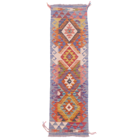 Handwoven Afghan Narrow Kilim Strip with multicolour geometric design of 4 medallions.