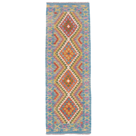 Multi-colour with bright turquoise border Afghan Kilim Short Runner with geometric 4 medallion design.