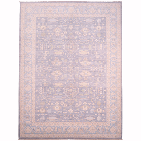Large Afghan Ziegler Carpet with stylish colours of grey with pale blue, & detail shades of green, fawn and cream.