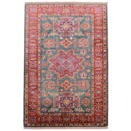 Fine Afghan Kazak medallion design rug with green ground and red border and Lesghi star medallion.
