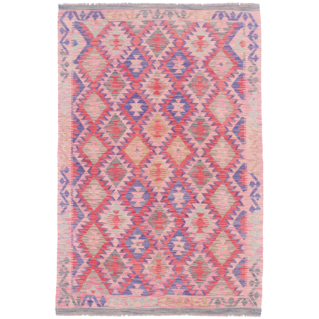 Handwoven Afghan Pink & Blue Kilim Rug with all over geometric design.