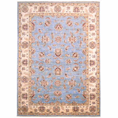 Blue Ziegler Carpet with light blue main colour, cream/gold border and all over floral design.
