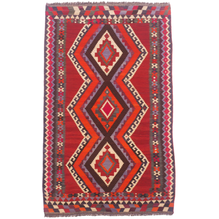 Colourful handwoven vintage Qashqai Kilim Rug with triple medallion. Rich contrasting colours of red, orange, blue, cream and olive green.