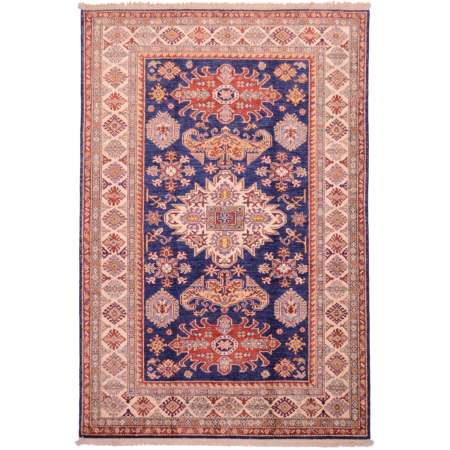 Afghan navy blue fine Kazak rug with geometric medallion design.