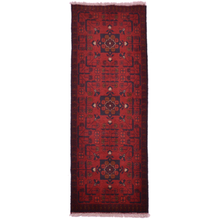 Orangey-red and dark blue hand knotted wool pile Afghan khan strip with traditional geometric design.