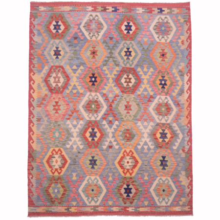 Handwoven Afghan Kelim rug with multicolour geometric design on a light blue field.