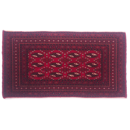 Very fine red Belouch mat, hand-knotted, rich red field with geometric Bokhara/ Yamoud design of 12 guls.