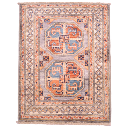 Afghan Grey Fil Pai Chobi mat with design of 2 octagonal gul motifs.