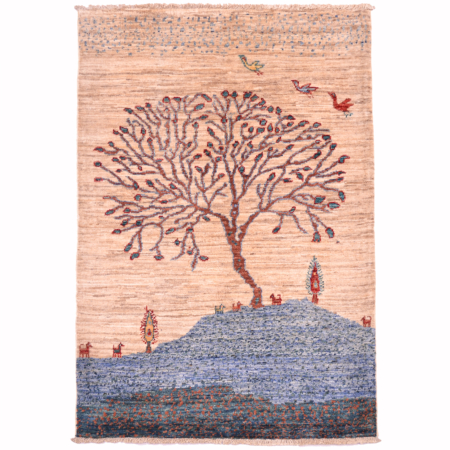 Pictorial Loribaft rug with tree design against a neutral beige sky.
