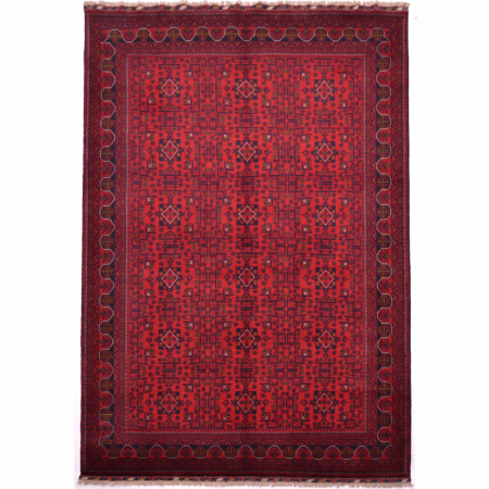 Hand knotted wool pile red and blue-black geometric design Afghan Khal Mohamad carpet.