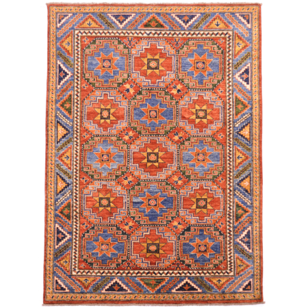 Hand-knotted Afghan Memling gul design carpet with all over geometric pattern in colours of rust, blue, green, ochre and cream.