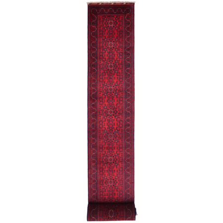 Traditional hand-knotted wool pile red and black Afghan extra long Khal Mohamadi runner with geometric design.