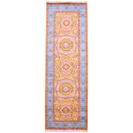 Hand-knotted wool pile Fine Afghan Mamluk runner with intricate geometric medallion design, yellow field with blue border.