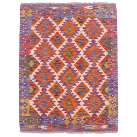 Handwoven Purple Kelim rug with geometric design. Colours include purple, orange, cream, green and mustard.