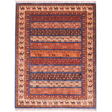 Afghan Samarkand rug with multicolour geometric design which includes animal motifs.