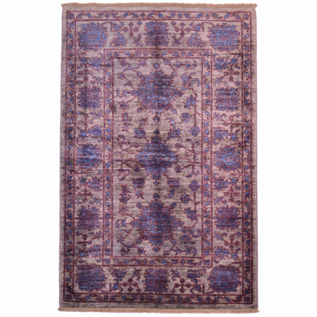Afghan Sultani rug with chic colours including a grey background with blue floral design outlined in red.