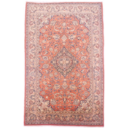 Fine old Sarouk carpet with elegant medallion centrepiece & soft terracotta field/main colour cream border with floral design.