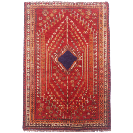 Heavy quality Qashqa'i carpet in colours of red. orange, cream and blue medallion centrepiece.