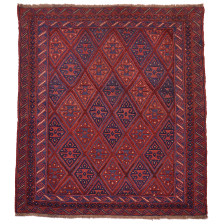 Afghan Mushwani rug handwoven part kilim part pile in colours of red and blue.