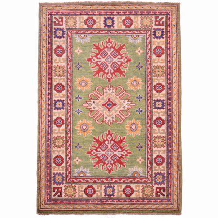 Green Afghan kazak rug with geometric 3 medallion design.