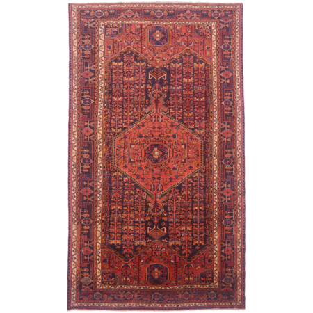 Hand-knotted wool pile Tuisarkhan Kelleghi rug with geometric medallion design in terracotta set against a midnight field.