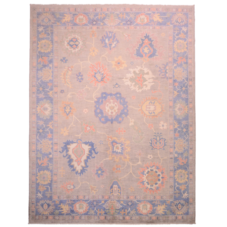 Large Afghan Oushak carpet with grey ground and blue border.