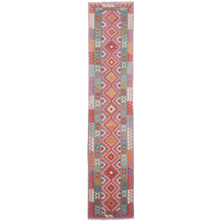 Afghan handwoven colourful long Kilim runner with multi-colour geometric design.