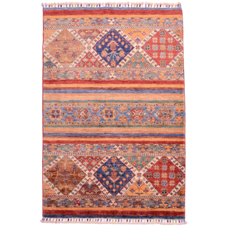 Small Afghan Khorjin rug with colourful geometric design.