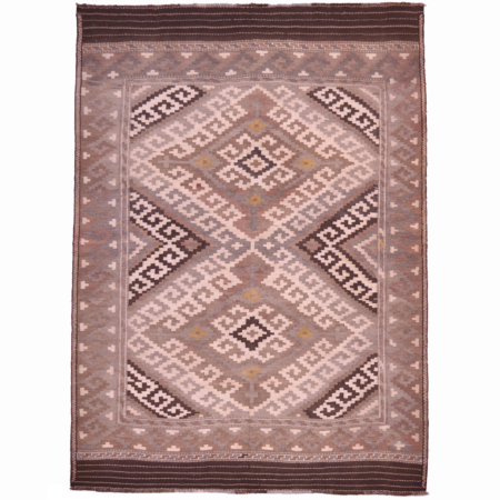 Handwoven Old Afghan Kelim rug with geometric double medallion design in colours of beige, brown and grey.
