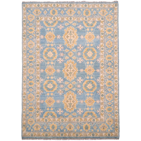 Turquoise with gold hand-knotted wool pile Afghan Abshari Oushak rug with all over floral design.
