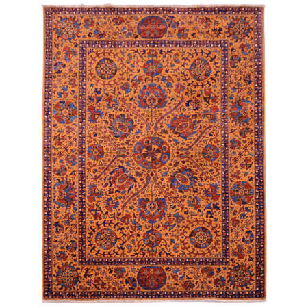 Extra fine Suzani rug with amber/mustard ground and floral design.