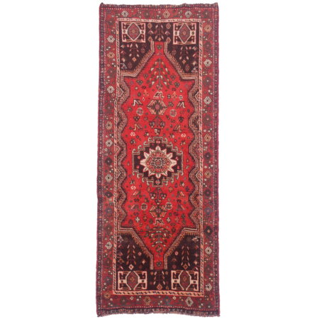 Old Shiraz runner rug hand-knotted wool pile, geometric medallion design with terracotta main colour.