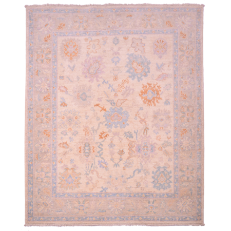 Afghan Oushak Dozar rug with soft floral design on a beige field.