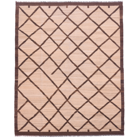 Handwoven Large modern Labijar Kilim with dark brown lattice design on a beige ground.