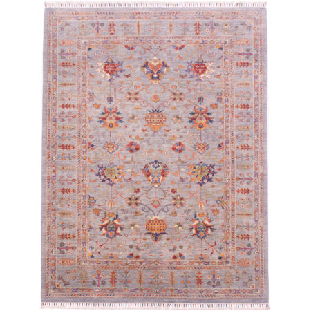 Grey Sultani carpet with all over contrasting floral pattern with detail touches of rust, orange, green and blue.