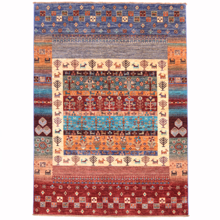Fine Loribaff rug with contemporary colourful design.