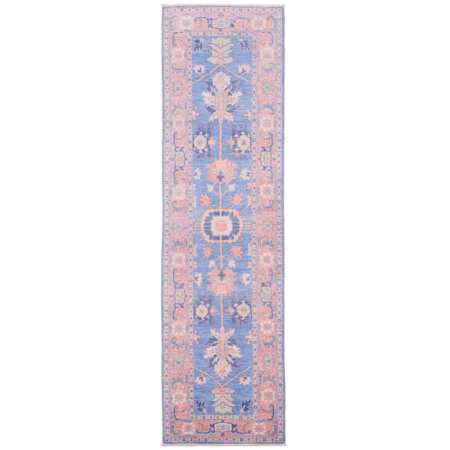 Afghan Serapi runner with hand-knotted wool pile in eye-catching colours of blue & pink.