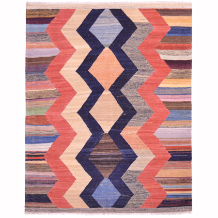 Contemporary Afghan Kelim with colourful design showing a linked 5 diamond medallion centrepiece.