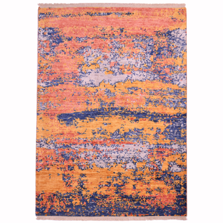Abstract Mirage Rug with colours of amber, terracotta, grey and blue.