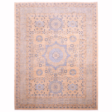 Large fine Afghan Mamluk carpet with pale colours of beige with blue (light & navy blue).