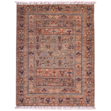 Fine Afghan Samarkand rug with neutral grey-brown main colour with design of animals, amulets and plants.