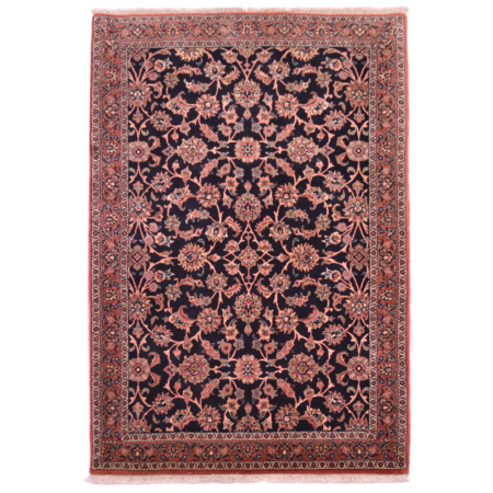 Hand-knotted fine part silk Bidjar rug with all over floral design on a midnight blue field with rose border.