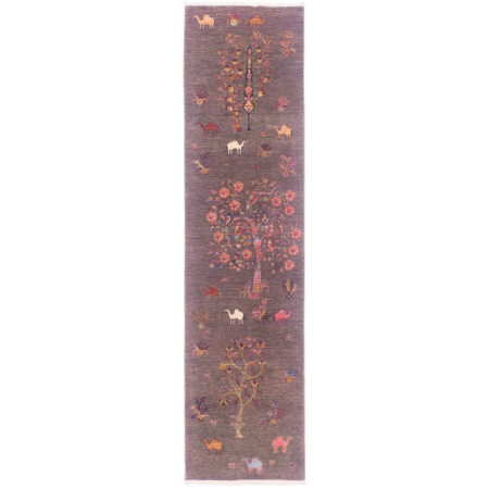 Hand-knotted wool pile Afghan pictorial Loribaft runner with theme of trees and wandering camels on a grey background.