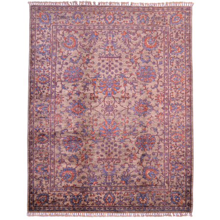 Fine Sultani rug with floral theme on a grey-brown ground with detail shades of blue and orange.
