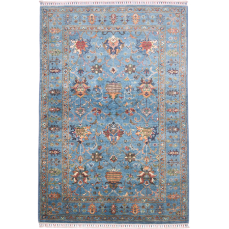 Hand-knotted Afghan Blue Sultani rug with contrasting all over floral design.