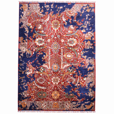Abstract Sickle-Leaf carpet with fragmented floral design in colours of red, blue and grey.