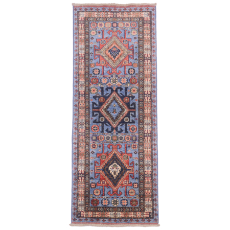 Handwoven Afghan Turkmen with Persian design runner: blue with triple medallion design.
