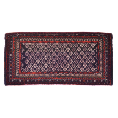 Handwoven Fine Afghan Balouch mat with all over boteh design on a dark blue background.