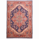 Kazak with Heriz design carpet with geometric medallion design on a navy blue field.