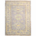Oushak carpet in grey with geometric medallion design and additional shades of green, yellow and brown.